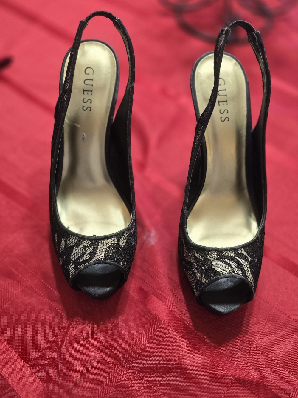 GUESS Black Lace Peep-Toe Slingback Heels